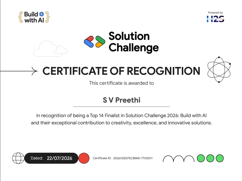 Official Google Solution Challenge 2026 Certificate awarded to S V Preethi